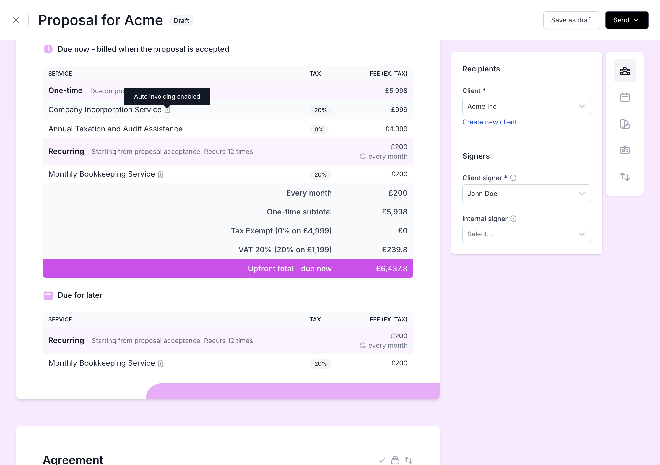 Auto-invoicing services are indicated by an icon