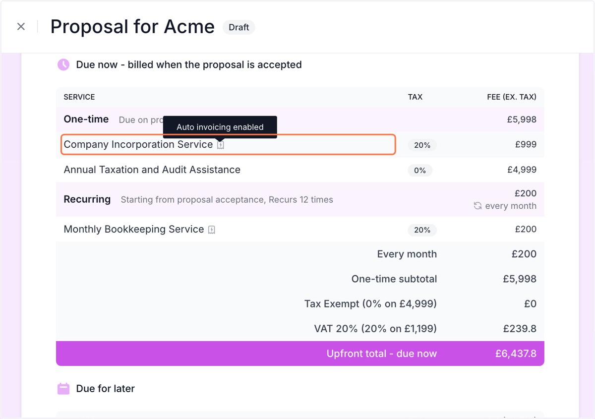 Auto-invoicing services are indicated by an icon