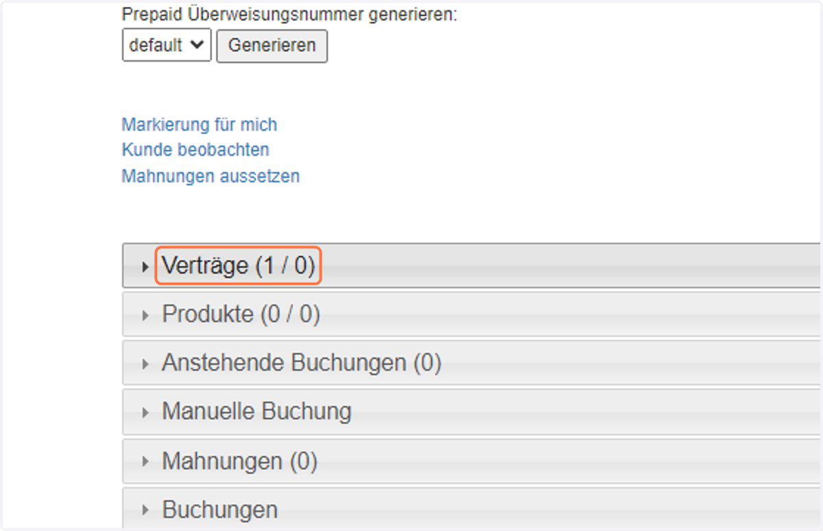 Click on Verträge (1 / 0)