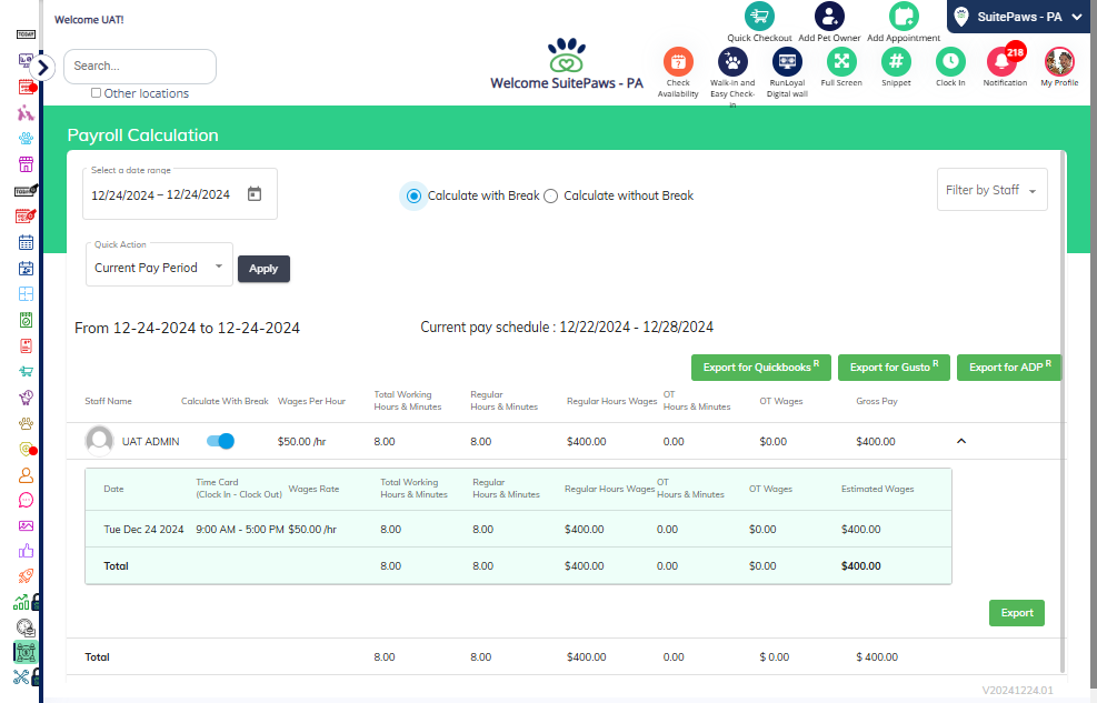 To export the data, choose the desired export options.