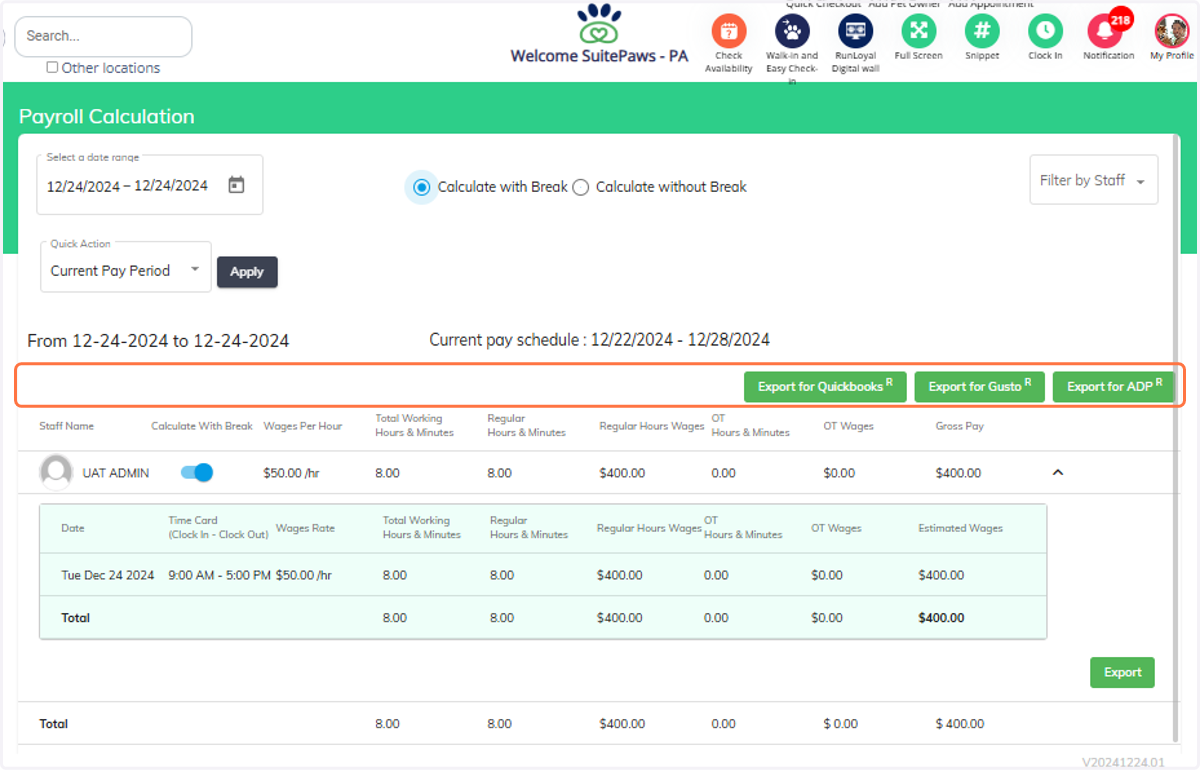 To export the data, choose the desired export options.