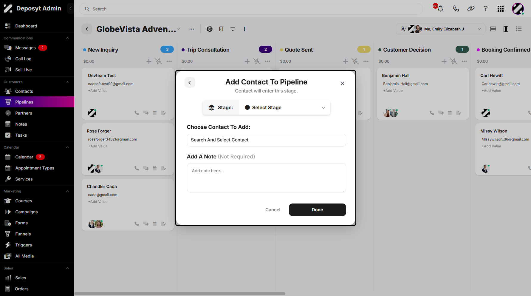 Step 5: A pop-up window will appear, prompting you to select a stage for your contact. You can search and choose a contact from below, and add a note if necessary.