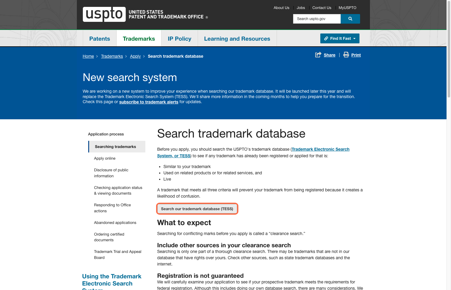 Click on Search our trademark database (TESS)