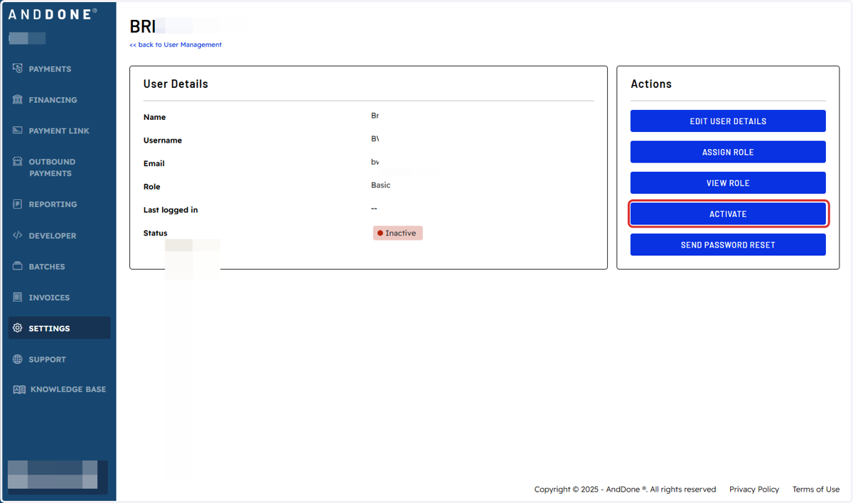 Once User details and Role are assigned, click on ACTIVATE. Then User will receive their registration email containing their login credentials.