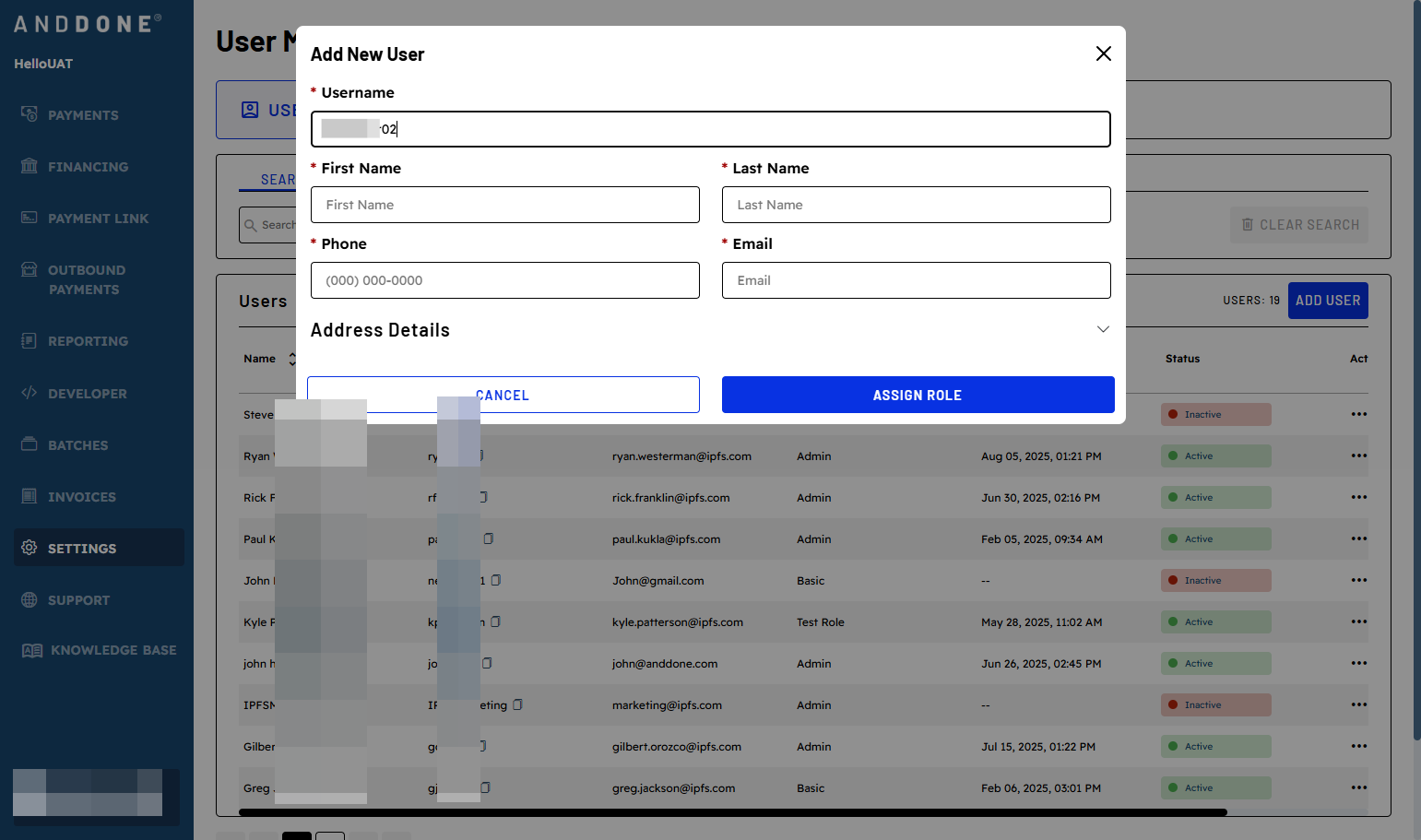 Type in User details: Username, First & Last Name, Phone, and Email