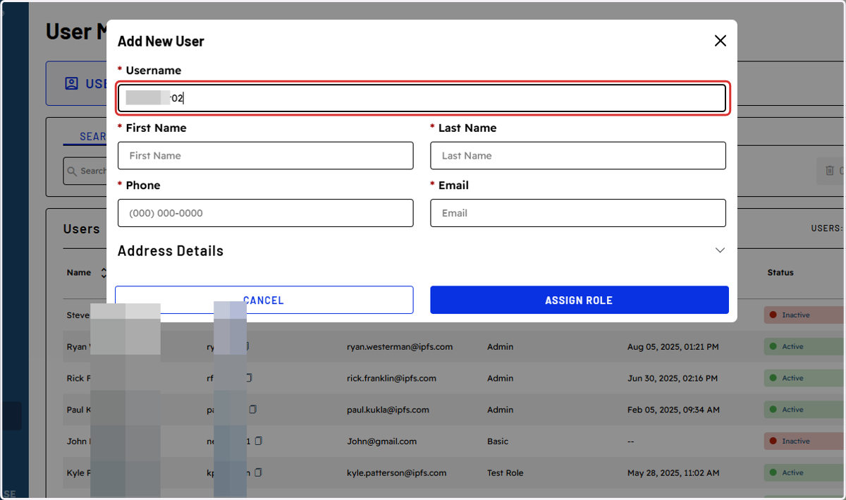Type in User details: Username, First & Last Name, Phone, and Email
