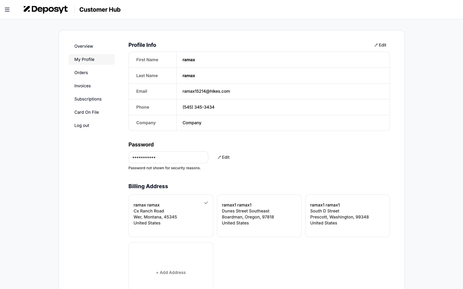 Step 6: Here, you can edit the customer’s profile information, including First Name, Last Name, Email, Phone, and Company. You can also update the customer’s password by entering a new password, retyping it, and clicking Save.