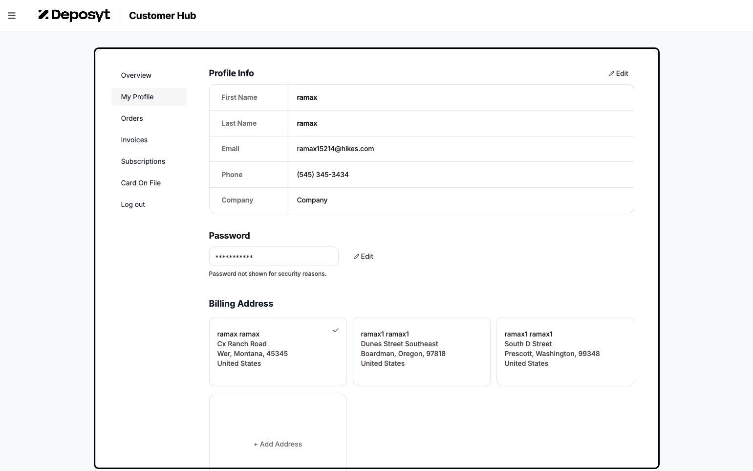 Step 6: Here, you can edit the customer’s profile information, including First Name, Last Name, Email, Phone, and Company. You can also update the customer’s password by entering a new password, retyping it, and clicking Save.
