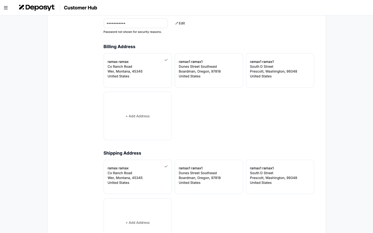 Step 7: Here, you can add, edit, or remove a billing or shipping address, and choose which one to set as the default address.