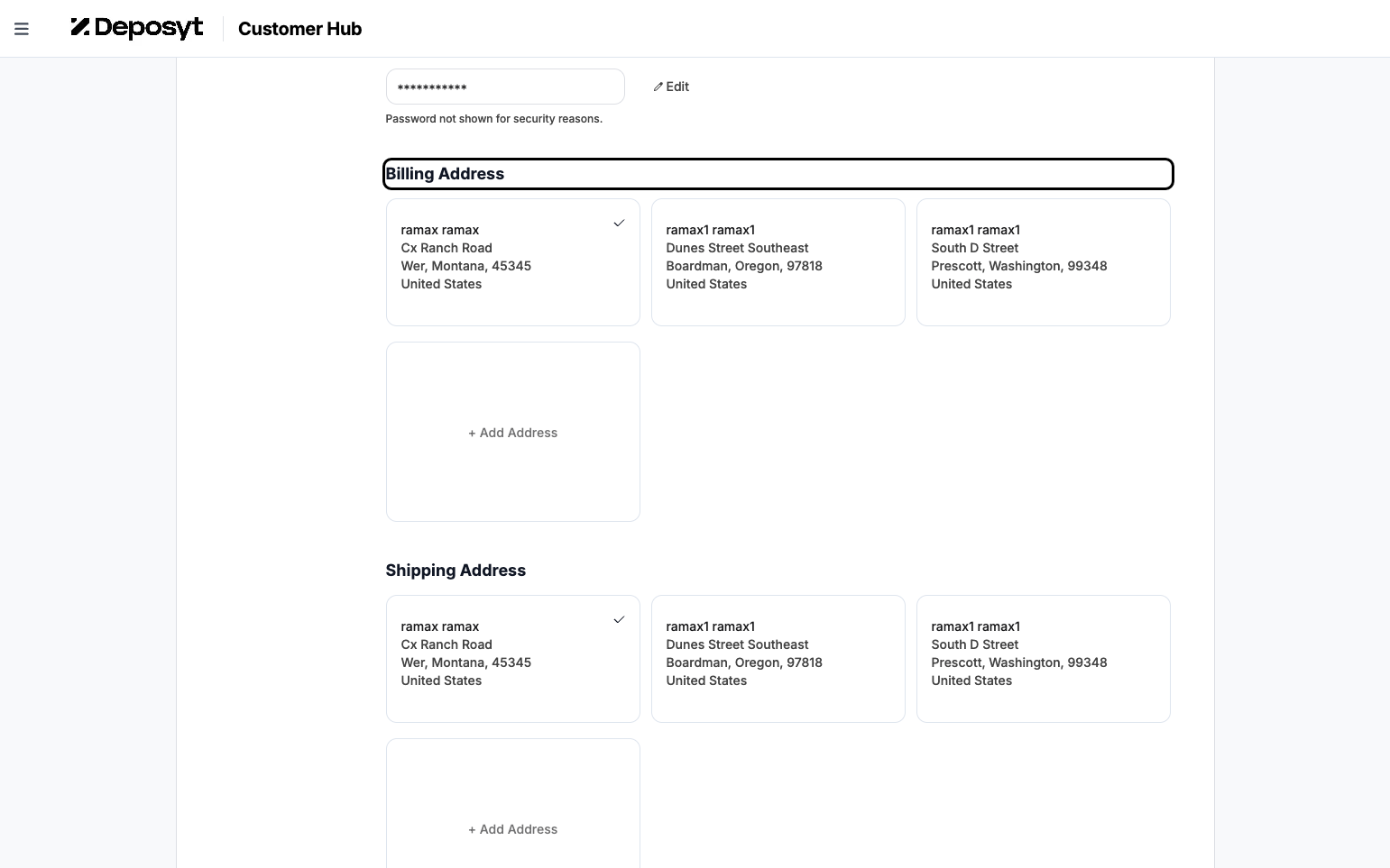 Step 7: Here, you can add, edit, or remove a billing or shipping address, and choose which one to set as the default address.
