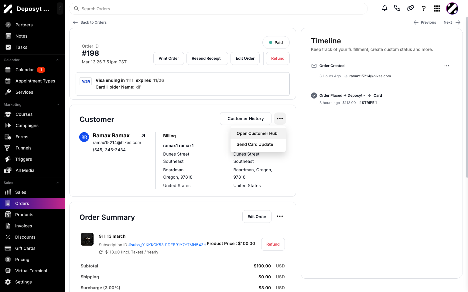 Step 4: You will now see the Order Summary. Under the Customer section, click the three-dot menu and select Open Customer Hub.