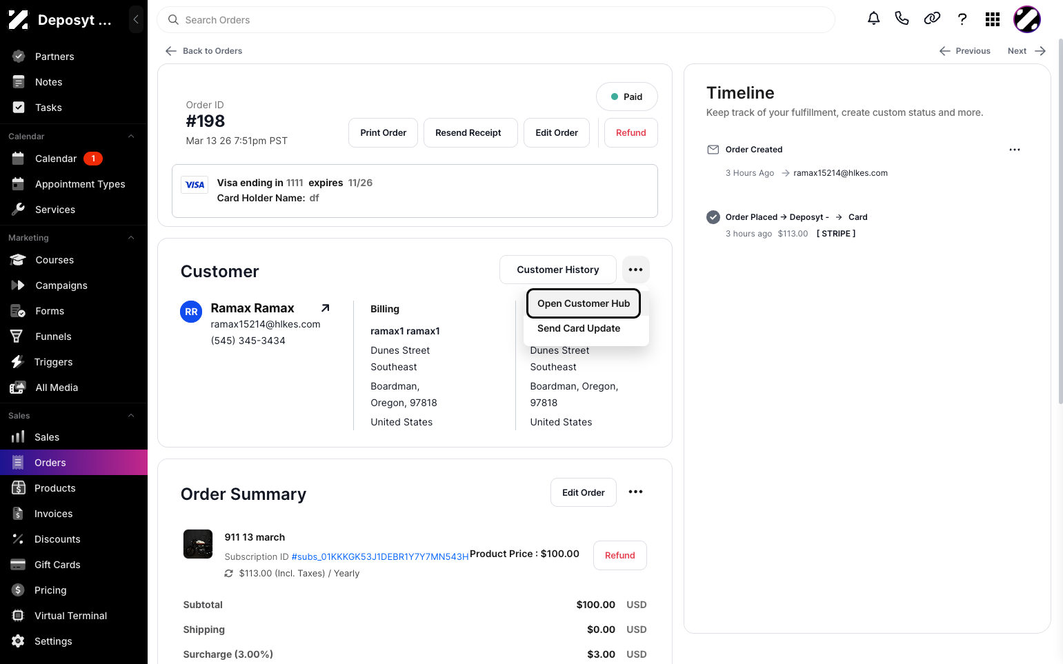 Step 4: You will now see the Order Summary. Under the Customer section, click the three-dot menu and select Open Customer Hub.