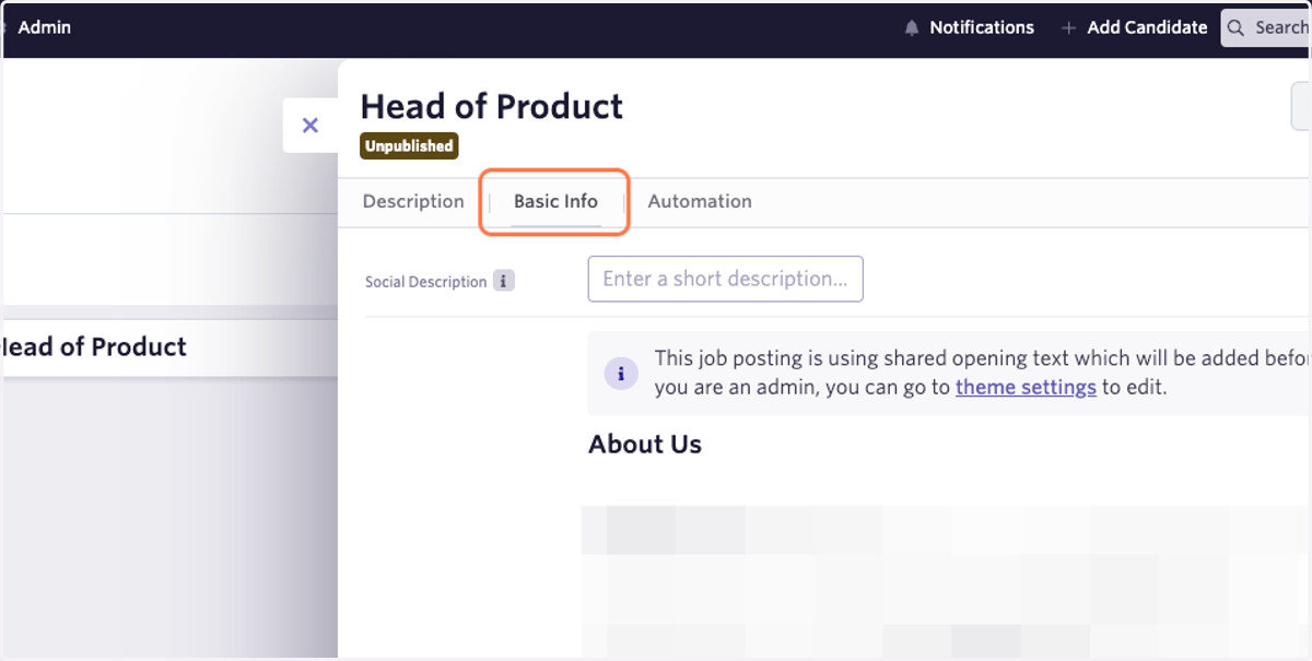 Click "Basic Info". Add job description details under "Description."