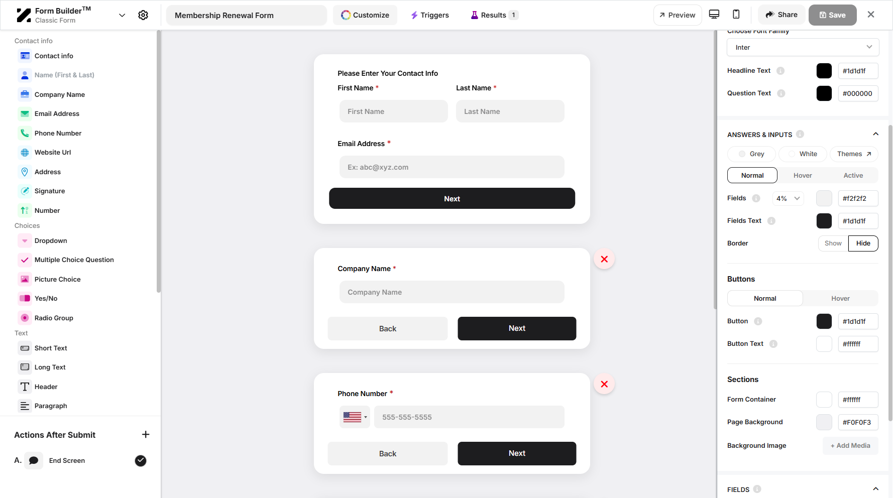 Step 8: You can also customize your form's Answers & Inputs. You can change the visibility, color, and add a media as background image.
