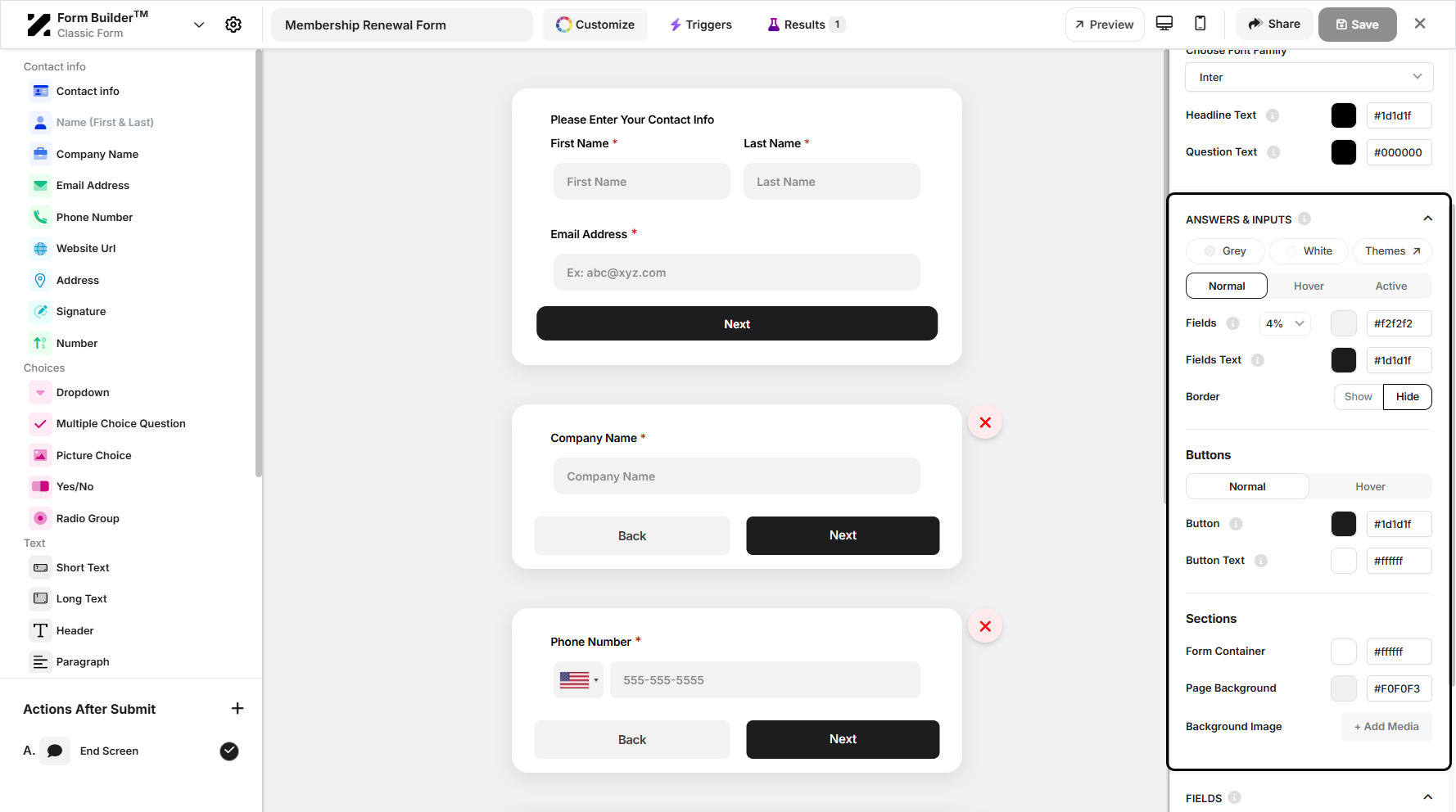 Step 8: You can also customize your form's Answers & Inputs. You can change the visibility, color, and add a media as background image.