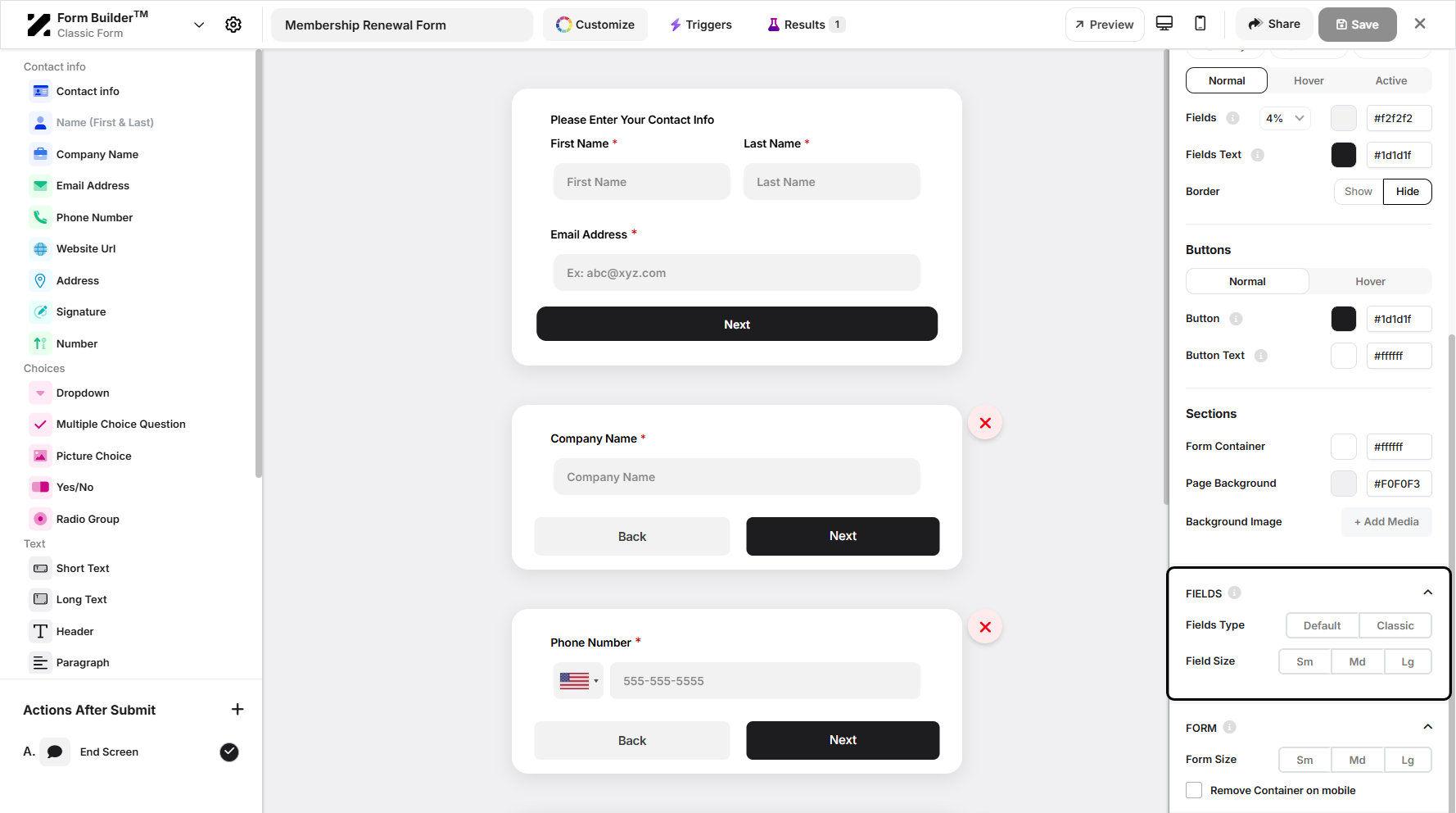 Step 9: You can also manage your fields type and size.