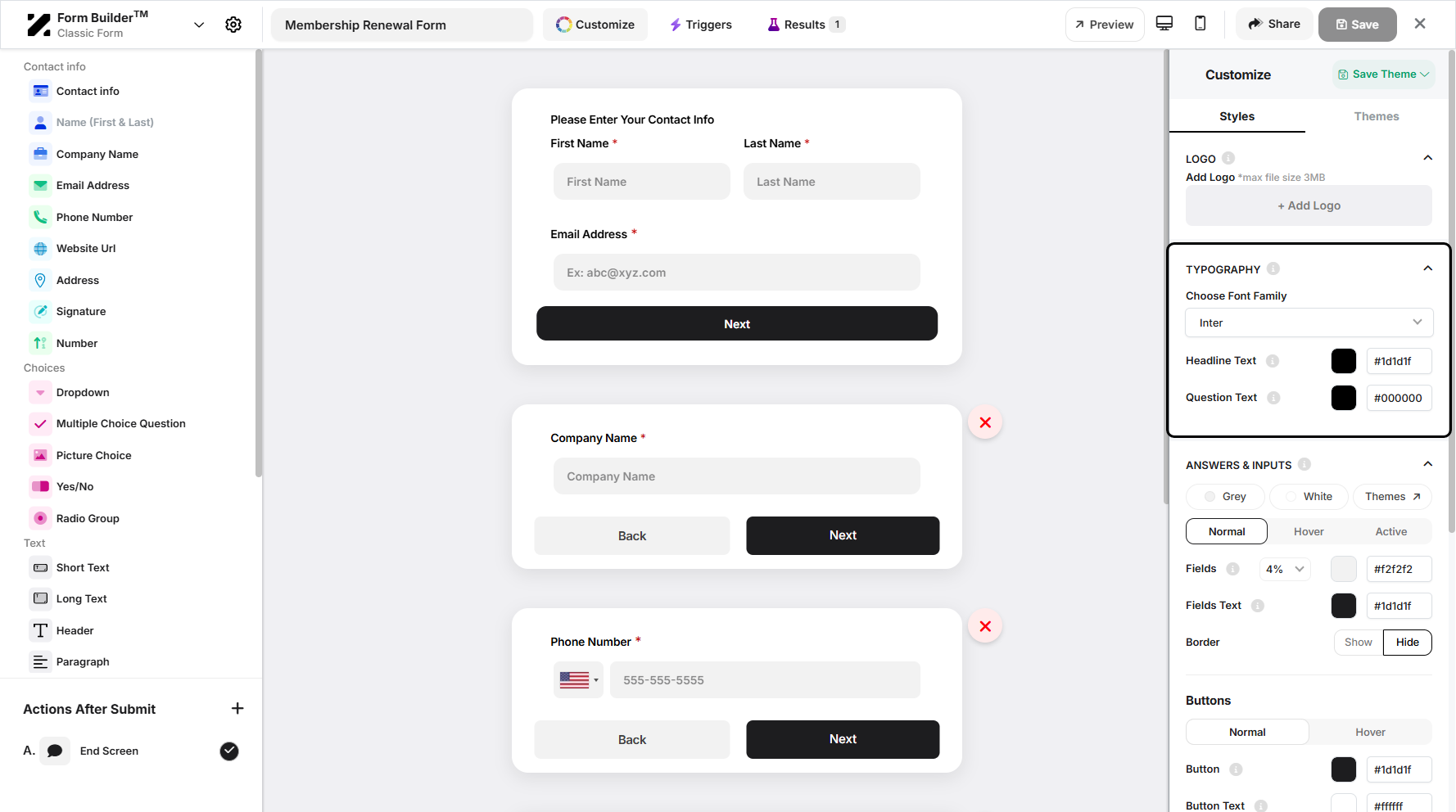 Step 7: Next, you can modify your form typography, including the font style and text color.