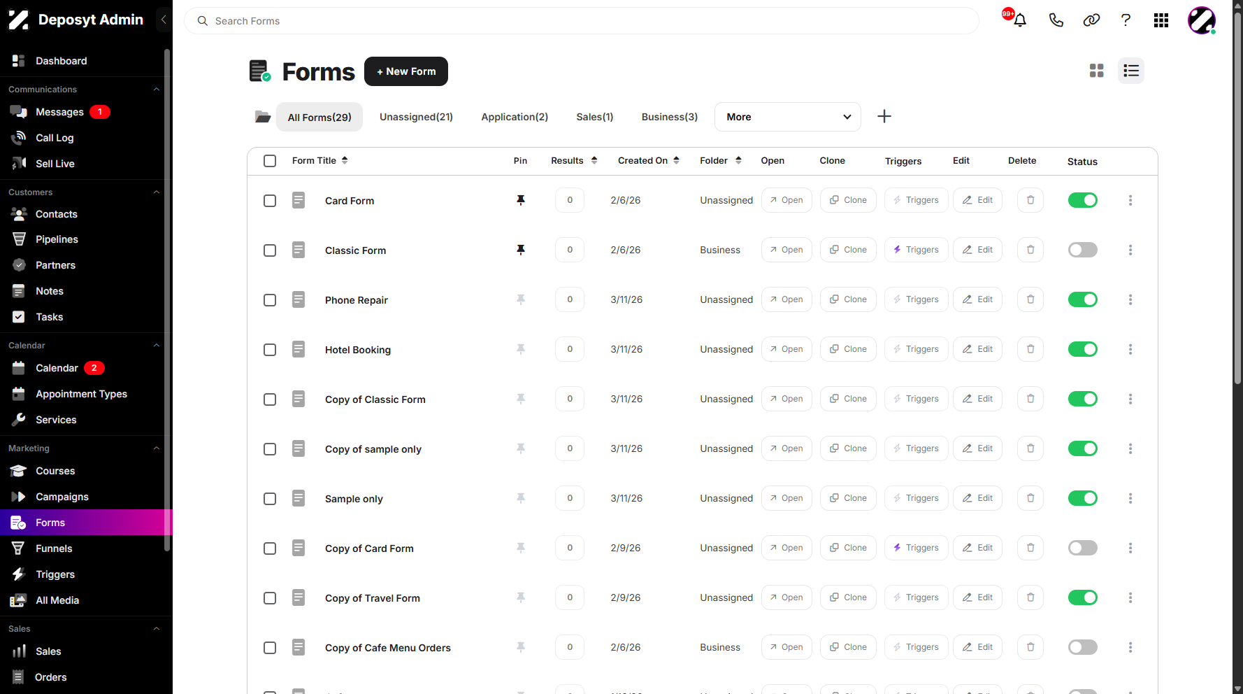 Step 1: On your Dashboard, navigate to the Forms tab under the Marketing section.