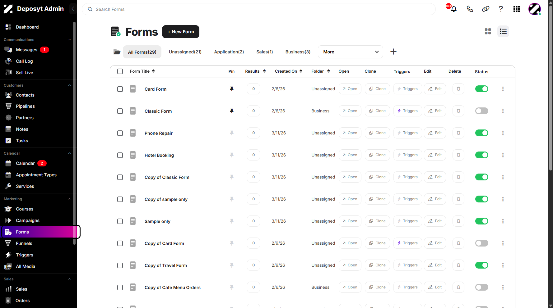 Step 1: On your Dashboard, navigate to the Forms tab under the Marketing section.
