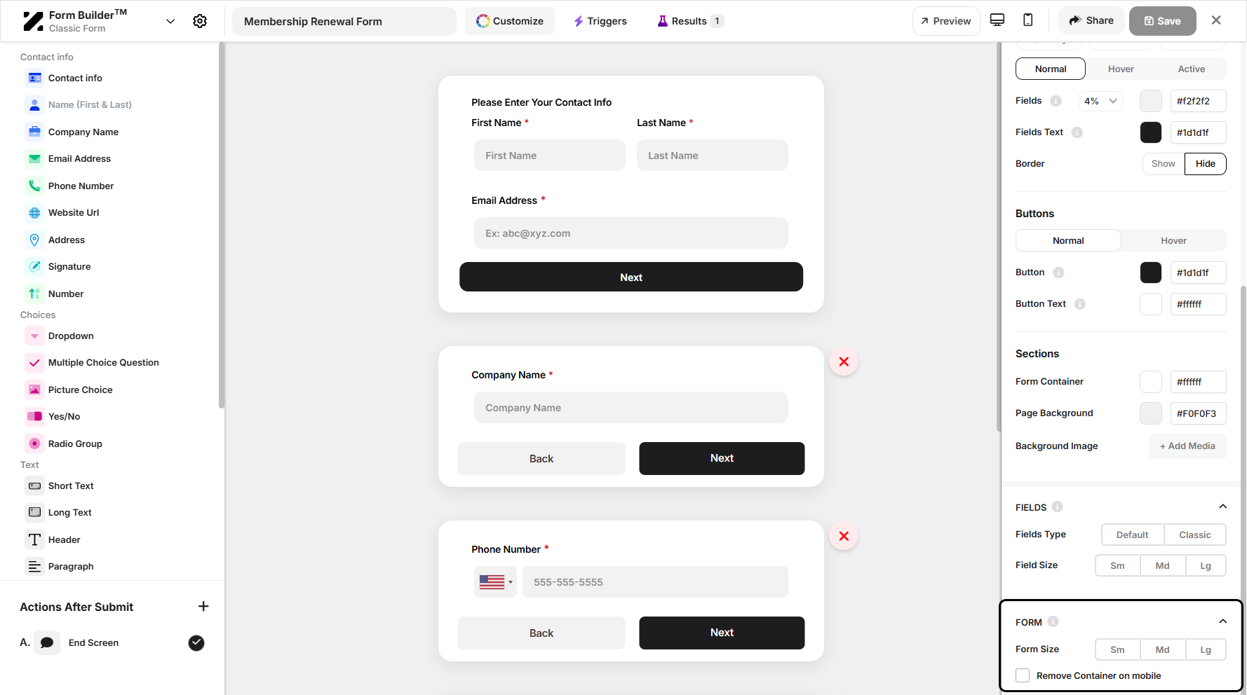 Step 10: Lastly, you can adjust the form size itself. You can choose Small, Medium, or Large, and optionally remove the container on mobile devices by selecting the checkbox.