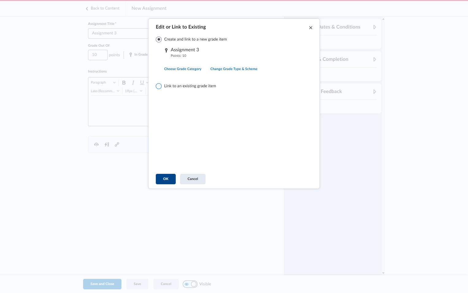 Select Link to an existing grade item
