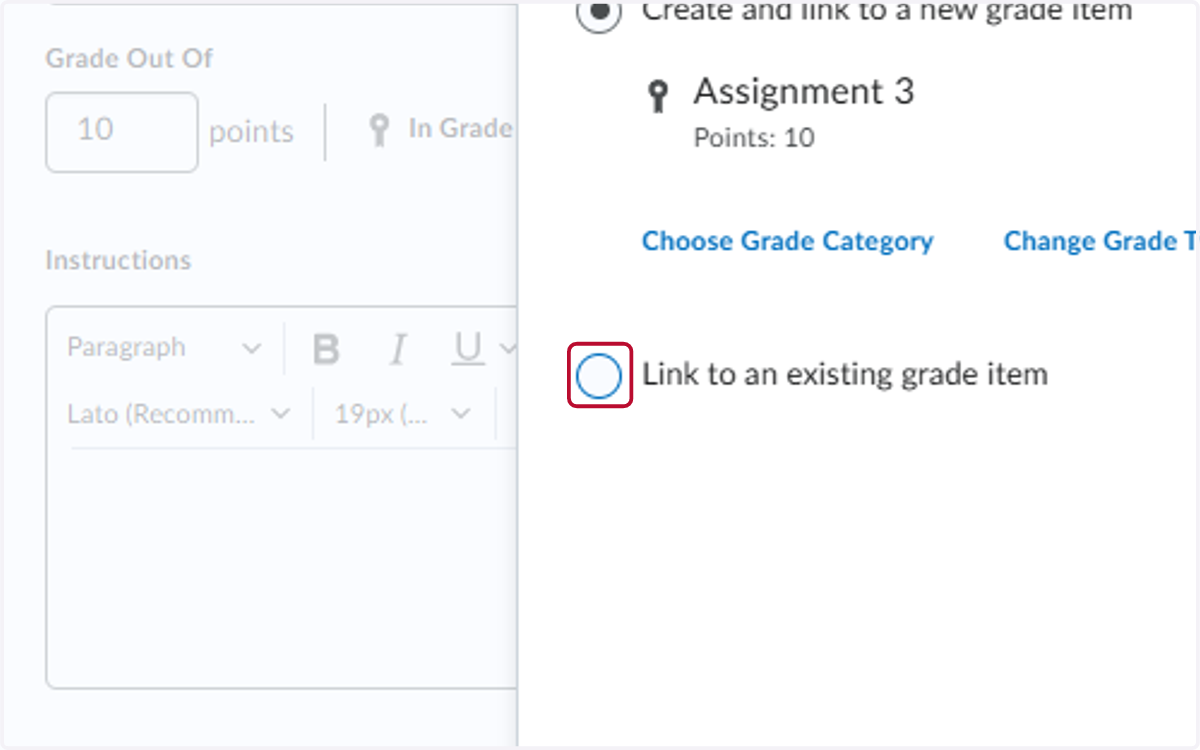 Select Link to an existing grade item