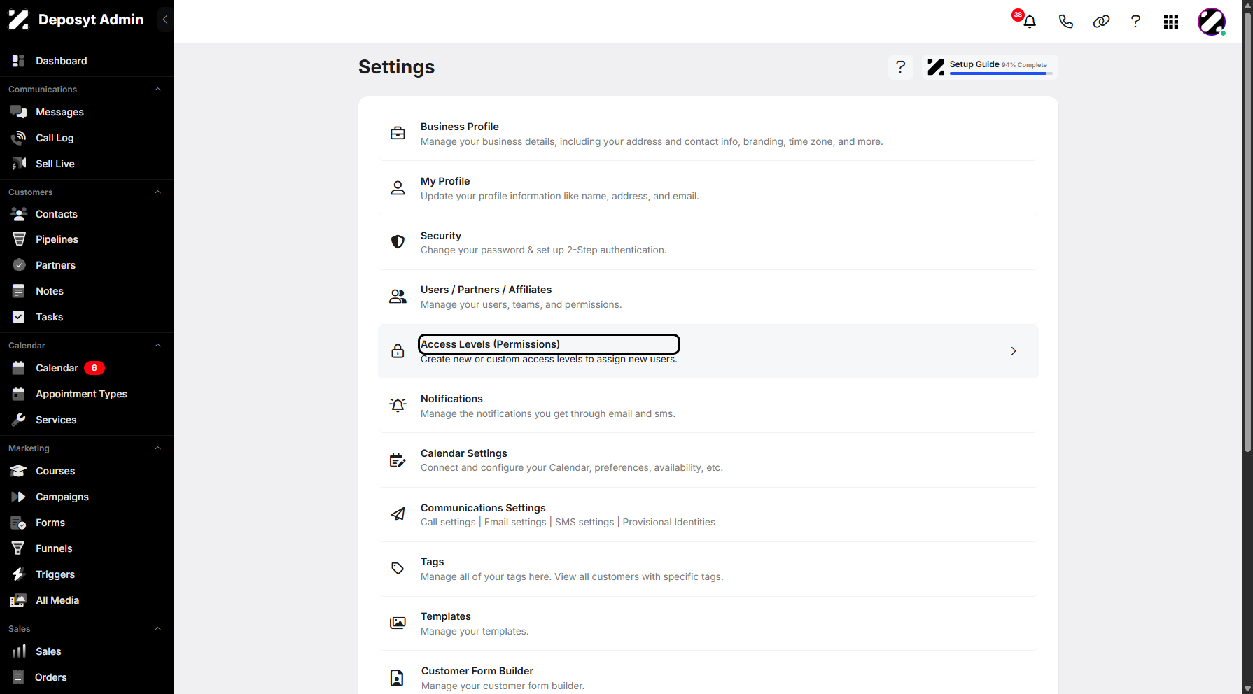 Step 4: Click on Access Levels (Permissions) to continue.