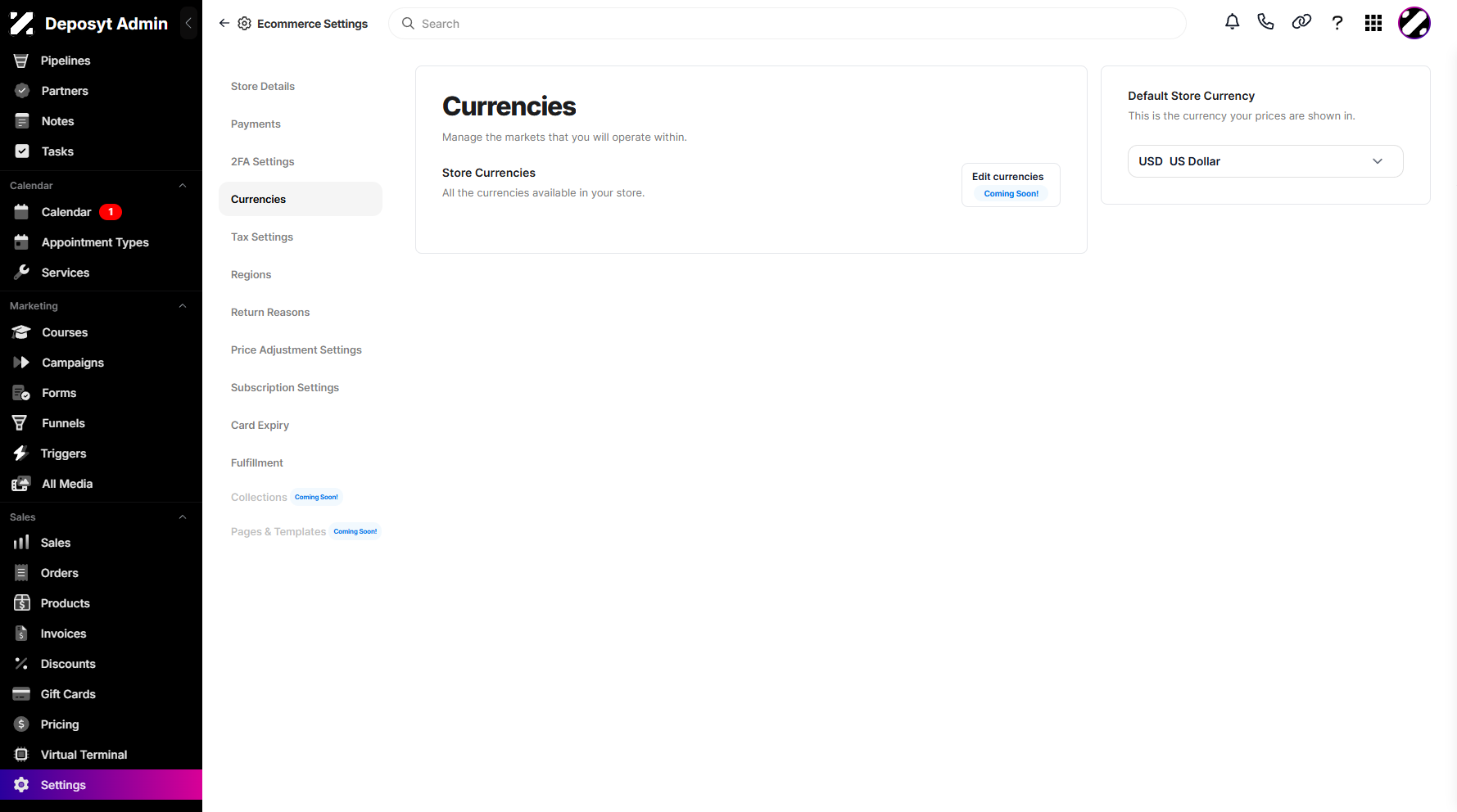 Step 4: You will then be navigated to the Currencies section. Currencies in a CRM refer to the different types of money (e.g., USD, EUR, PHP) that your business can use to record, display, and process transactions.