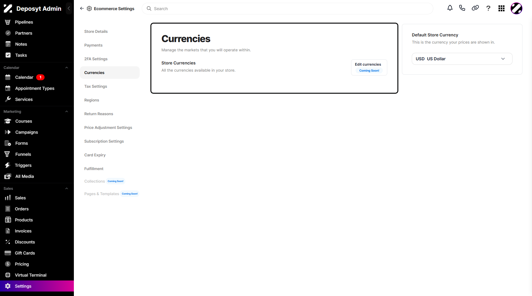 Step 4: You will then be navigated to the Currencies section. Currencies in a CRM refer to the different types of money (e.g., USD, EUR, PHP) that your business can use to record, display, and process transactions.