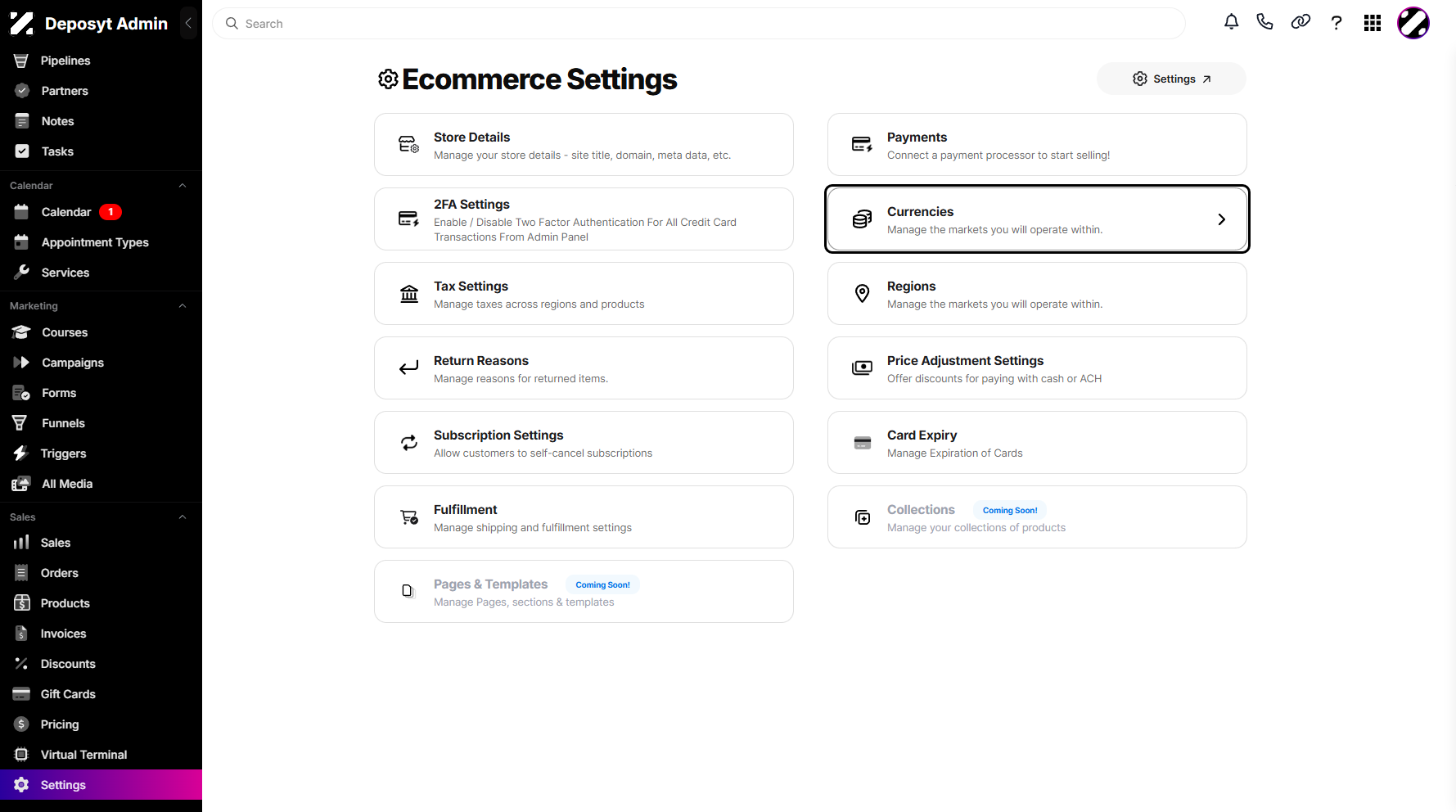 Step 3: Click on Currencies to navigate.