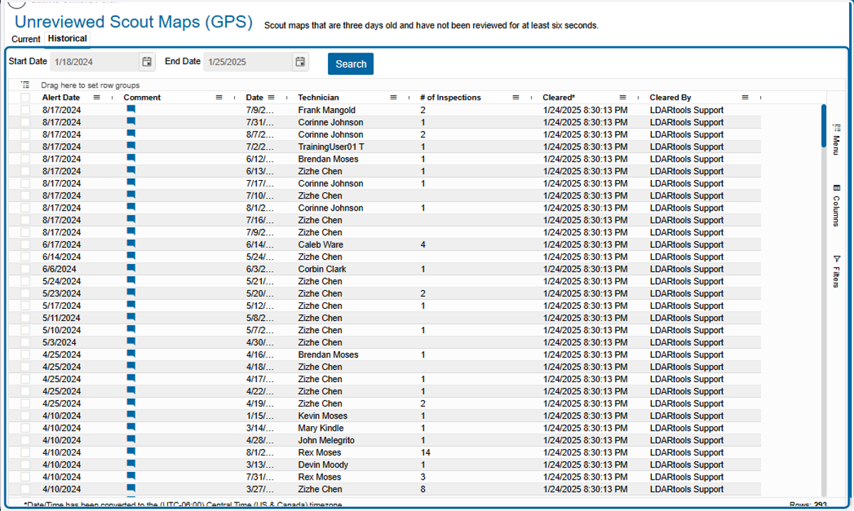The entries will show up in the grid. You might have to wait a few seconds for the data to load