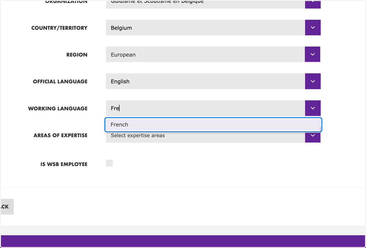 Select the "Working Language" of preference