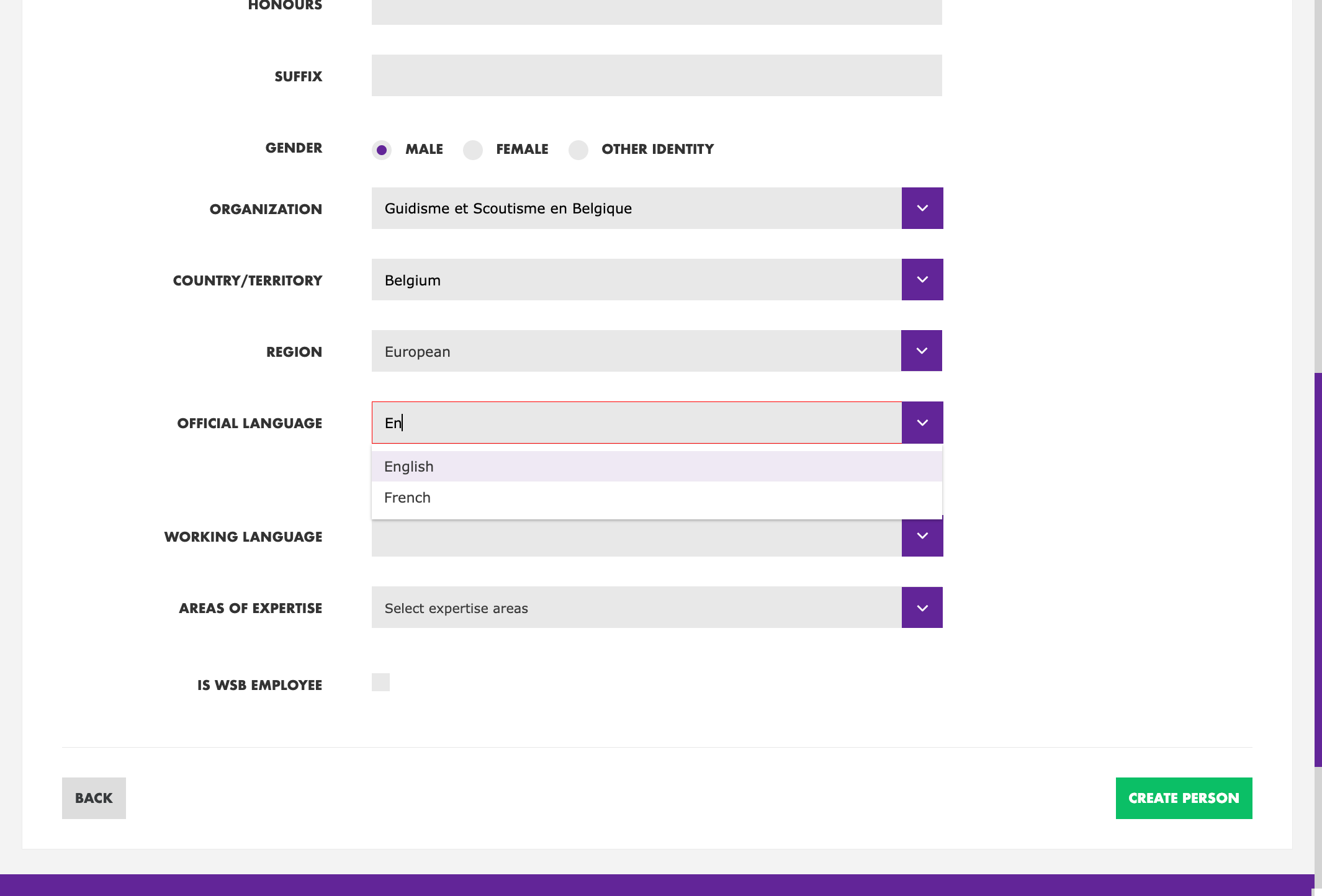Select the "Official Language" of preference