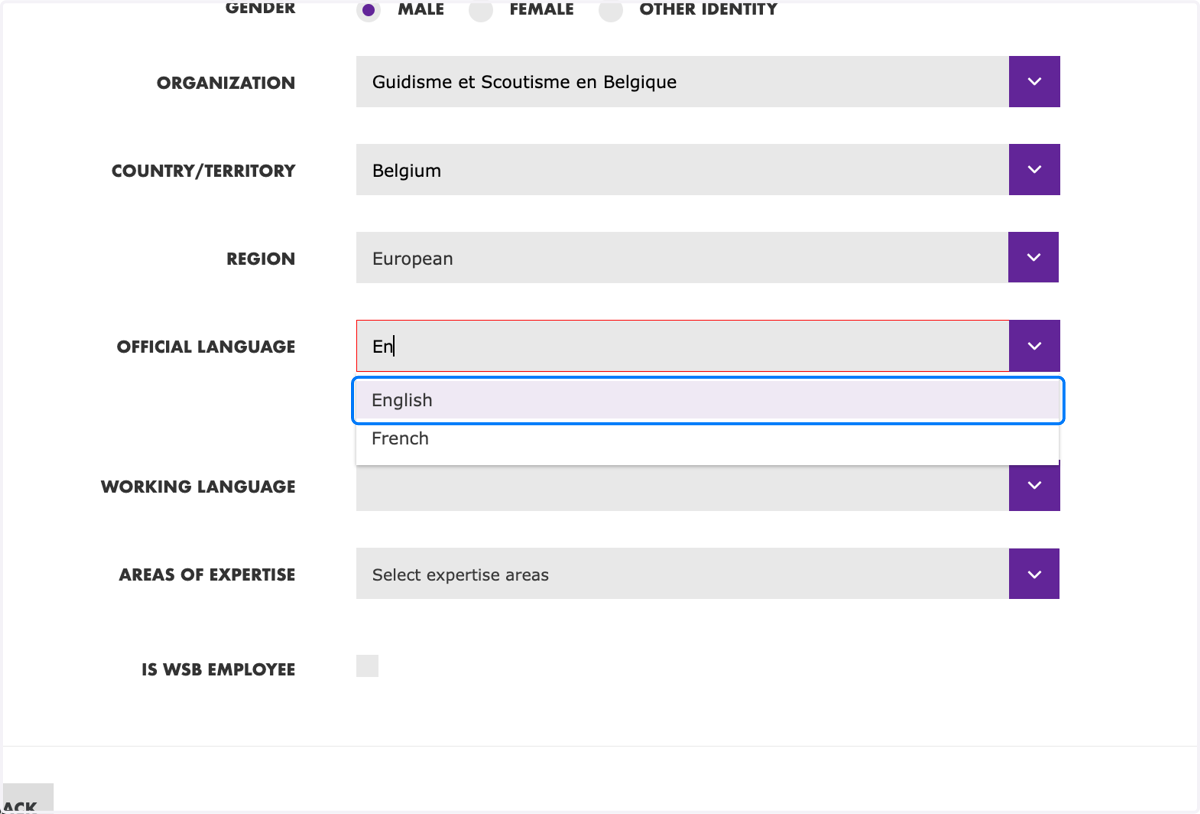 Select the "Official Language" of preference