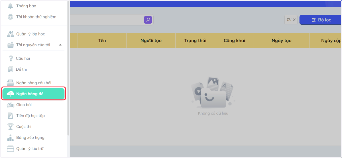 bấm vào Ngân hàng đề ở thanh menu bên tay trái