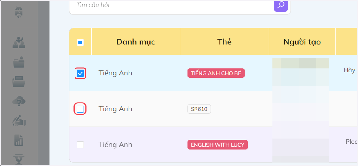 sau khi các câu hỏi được lọc ra, bấm chọn những câu hỏi muốn cho vào đề bài