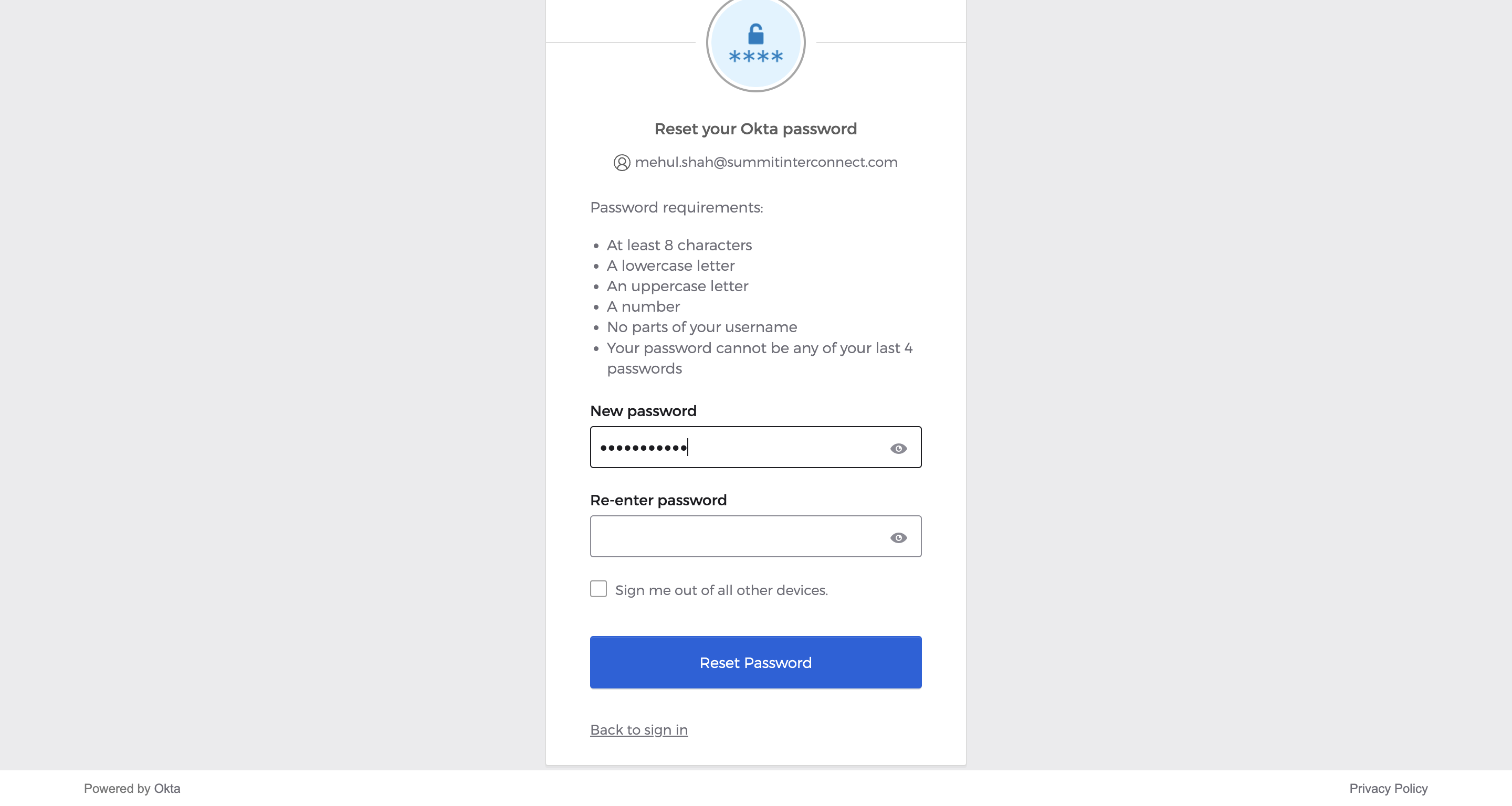 Enter in a new password