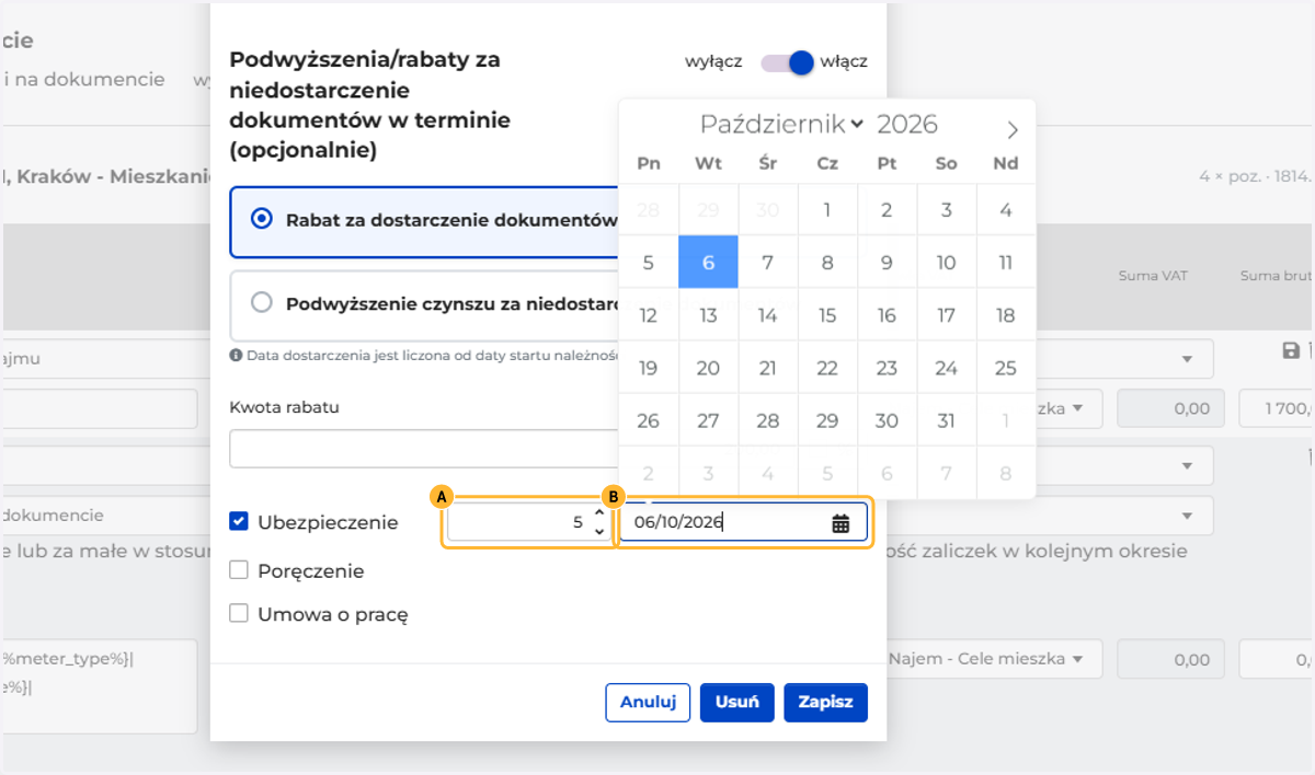 A. Wpisz liczbę dni B. lub Wybierz datę z kalendarza