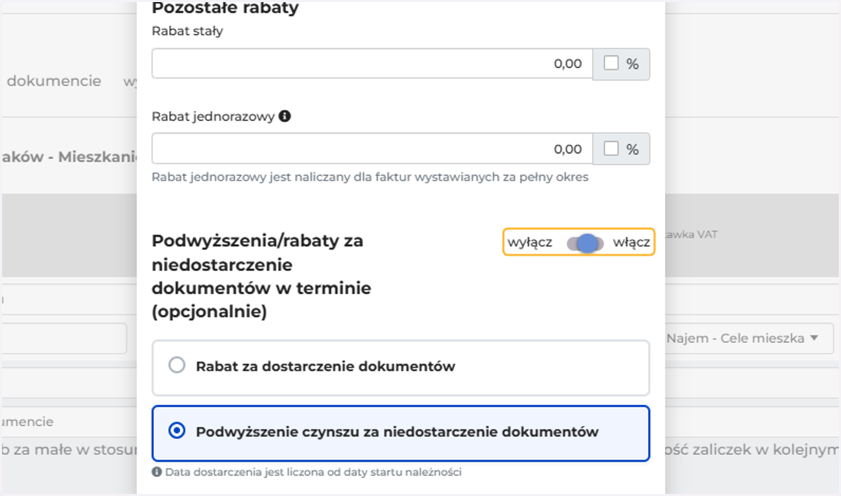 Włącz sekcję "Podwyższenia/rabaty za niedostarczenie dokumentów w terminie