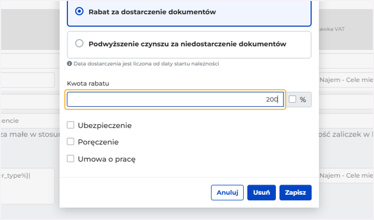 Wpisz kwotę rabatu jaki zostanie udzielony, jeśli najemca dostarczy wszystkie wybrane przez Ciebie typy dokumentów