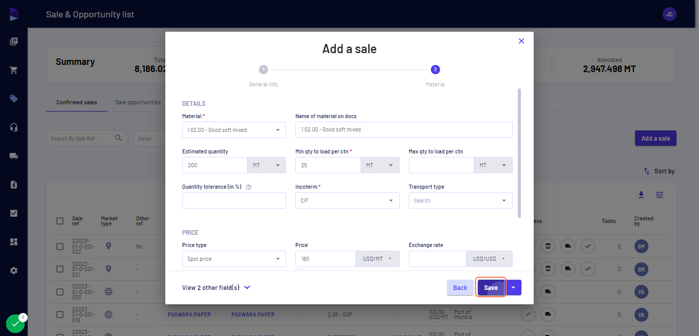 Add material, quantity, incoterm, price, etc. and click on "Save"