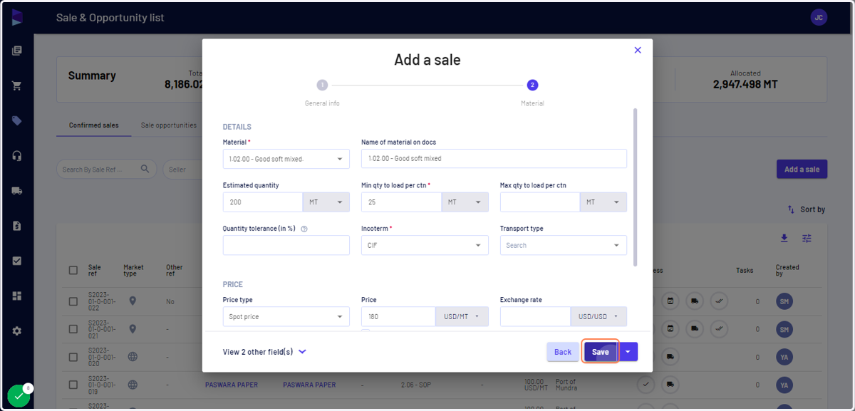Add material, quantity, incoterm, price, etc. and click on "Save"
