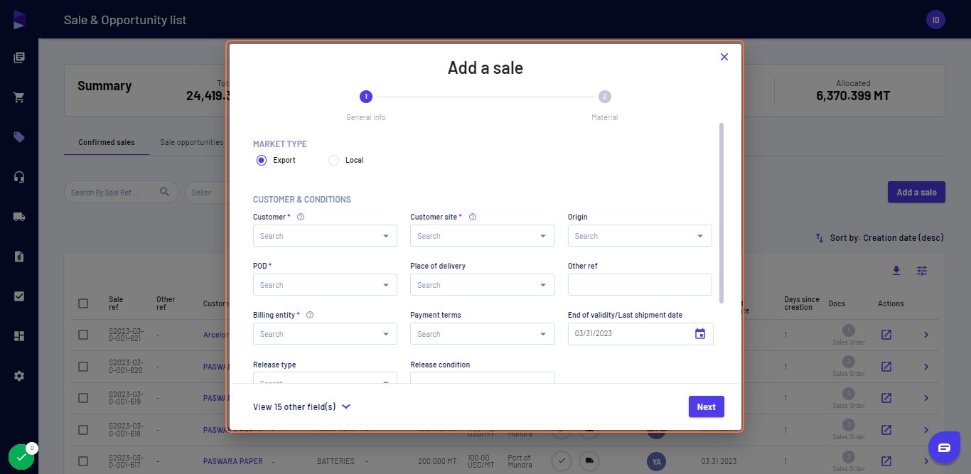Fill in the details like Customer name, site, POD (export), payment terms, validity period, etc.