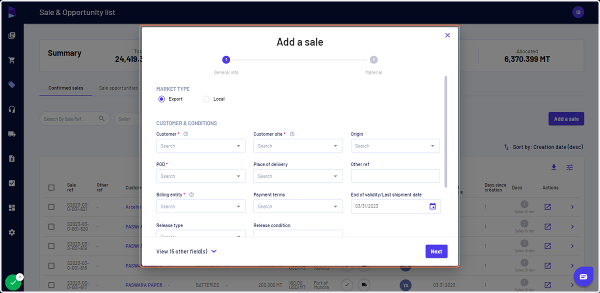 Fill in the details like Customer name, site, POD (export), payment terms, validity period, etc.