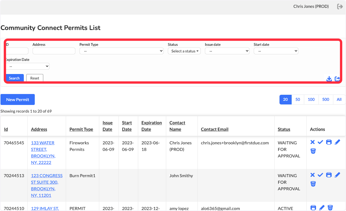 Users can always use the advanced search feature at the top of the page to filter the permit list.  