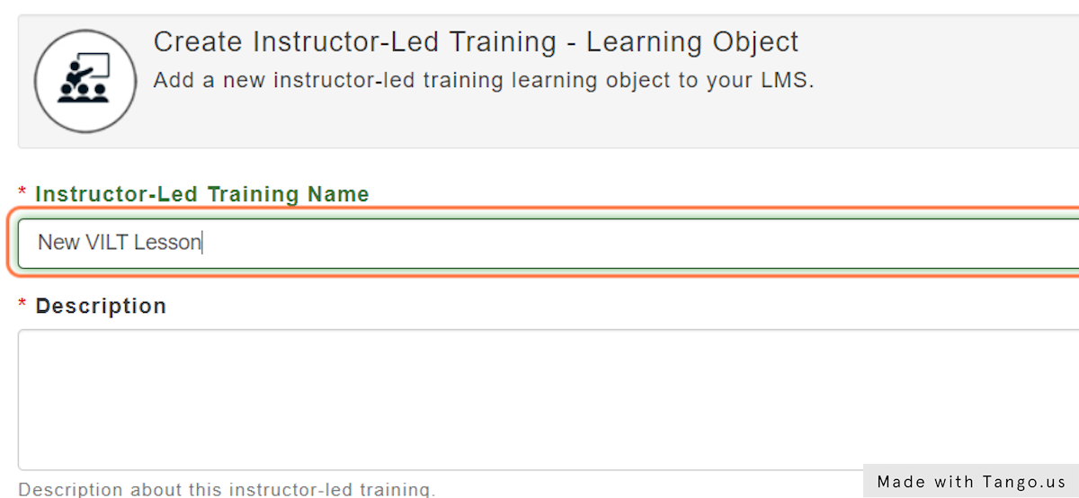 Type a Name for your New ILT Learning Object