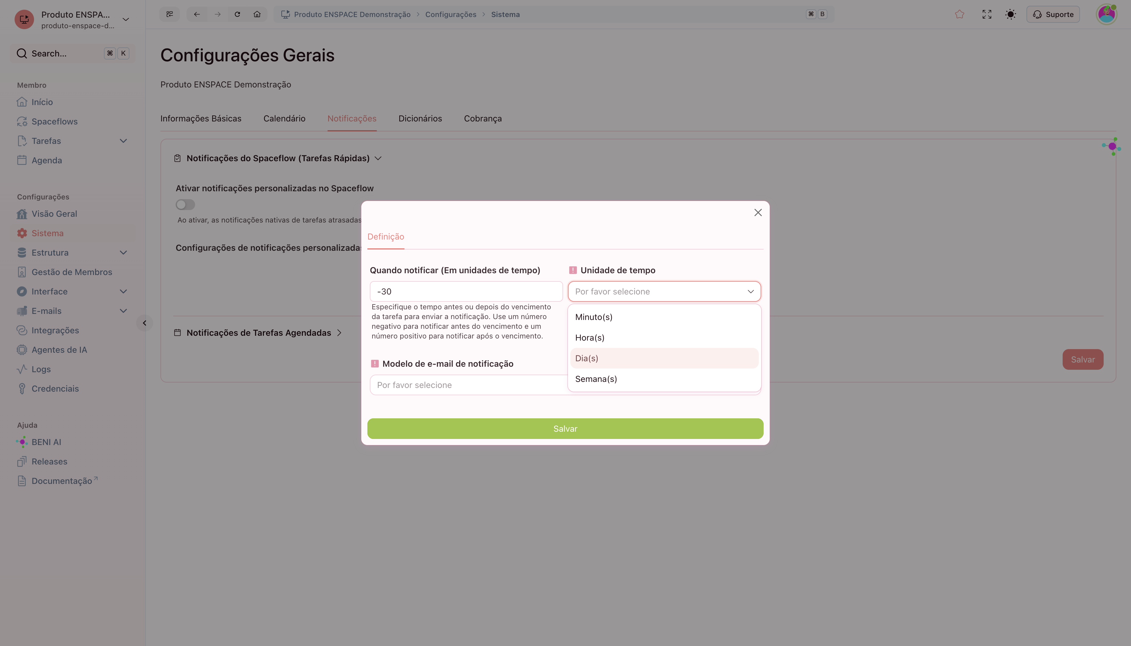 A. Adicione o Tempo de Quando notificar (Em unidades de tempo)… B. Exemplo: -30 C. Após selecione a Unidade de Tempo D. Exemplo: Dia(s)