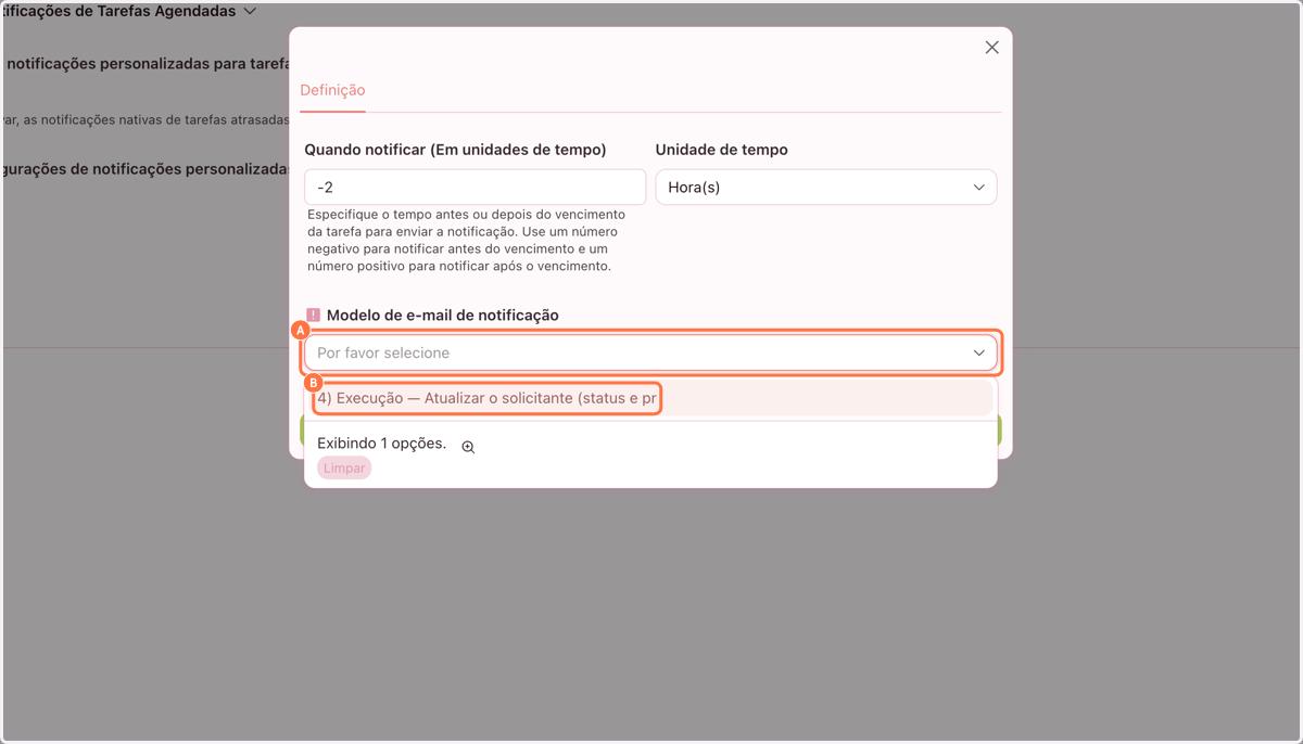 A. Clique para selecionar o modelo de e-mail B. Escolha o modelo de e-mail que será enviado