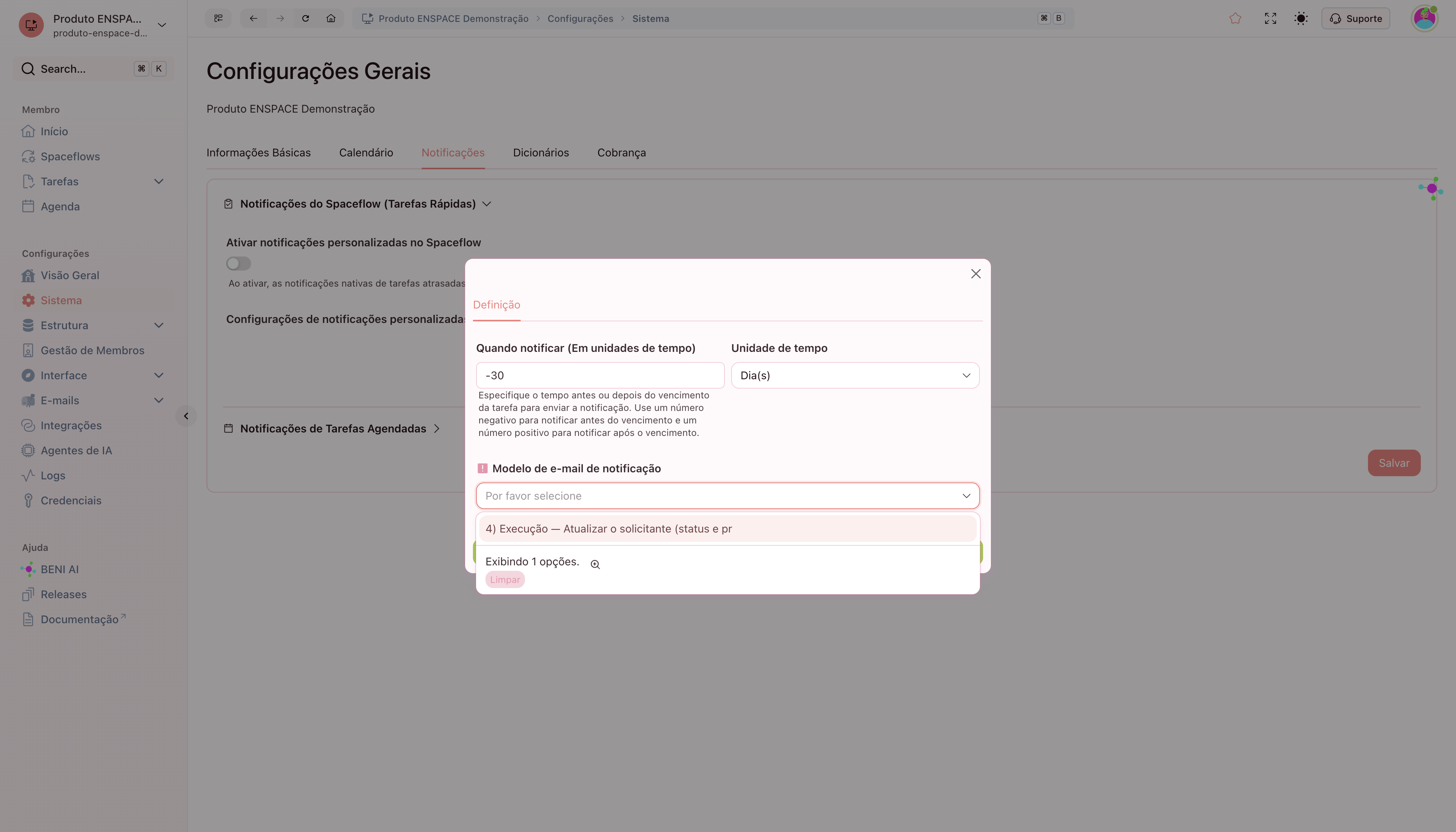 A. Clique para selecionar o modelo do e-mail da notificação B. Escolha o Modelo de Email