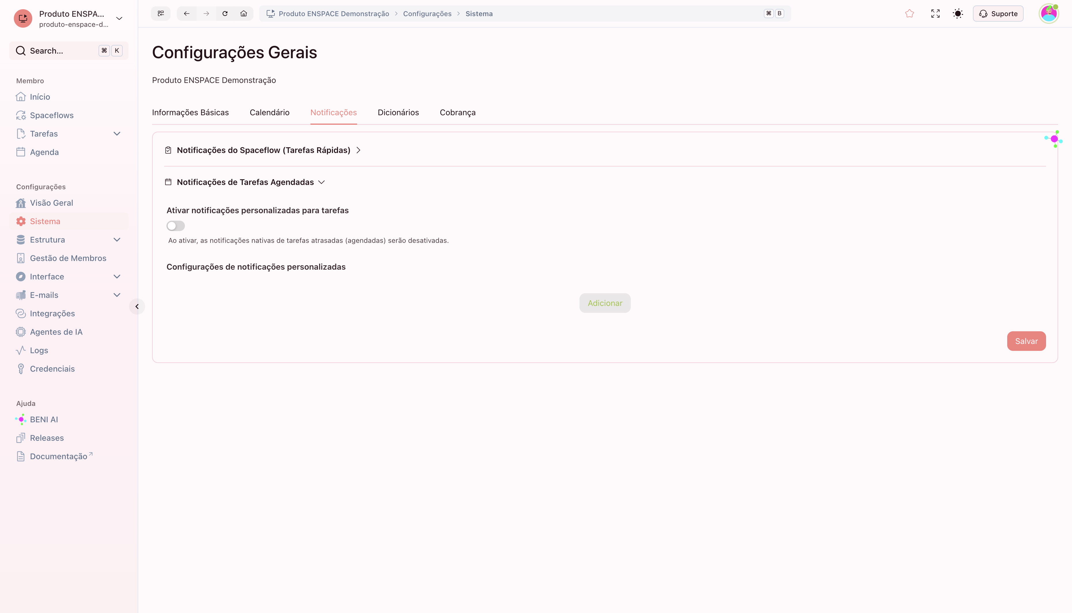 A. Caso queira que não seja disparada notificações para tarefas atrasadas, basta ativar o botão. B. Clique para adicionar a configuração para envio das notificações